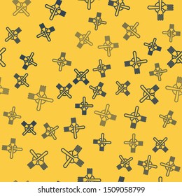 Blue line Crossed fork icon isolated seamless pattern on yellow background. Cutlery symbol.  Vector Illustration