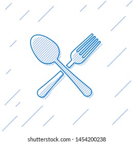 Blue line Crossed fork and spoon icon isolated on white background. Cooking utensil. Cutlery sign.  Vector Illustration