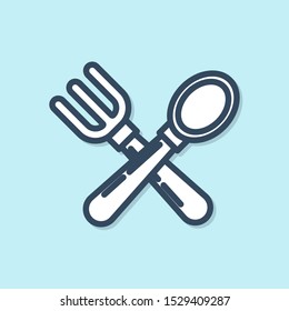 Blue line Crossed fork and spoon icon isolated on blue background. Cooking utensil. Cutlery sign.  Vector Illustration