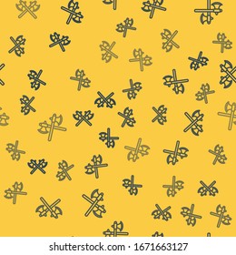 Icono de hachas medievales cruzadas línea azul aislado sin fisuras en fondo amarillo. Battle ax, verdugo hacha.  Ilustración vectorial