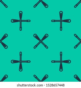 Blue line Crossed paddle icon isolated seamless pattern on green background. Paddle boat oars.  Vector Illustration