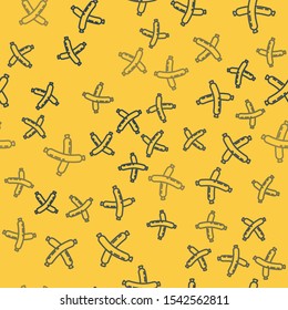 Blue line Crossed sausage icon isolated seamless pattern on yellow background. Grilled sausage and aroma sign.  Vector Illustration