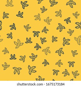 Blue line Crossed sausage icon isolated seamless pattern on yellow background. Grilled sausage and aroma sign.  Vector Illustration