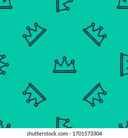 Blue line Crown icon isolated seamless pattern on green background.  Vector Illustration