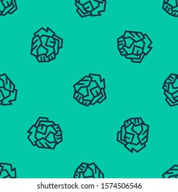 Blue line Crumpled paper ball icon isolated seamless pattern on green background.  Vector Illustration