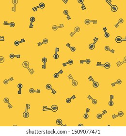 Blue line Cryptocurrency Bitcoin key icon isolated seamless pattern on yellow background. Concept of cyber security or digital key with technology interface.  Vector Illustration