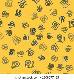 Blue line Cryptocurrency coin Bitcoin icon isolated seamless pattern on yellow background. Physical bit coin. Blockchain based secure crypto currency.  Vector Illustration