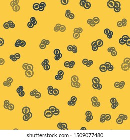 Blue line Cryptocurrency coin Bitcoin icon isolated seamless pattern on yellow background. Physical bit coin. Blockchain based secure crypto currency.  Vector Illustration