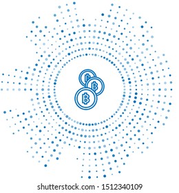 Blue line Cryptocurrency coin Bitcoin icon isolated on white background. Physical bit coin. Blockchain based secure crypto currency. Abstract circle random dots. Vector Illustration