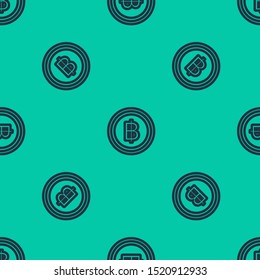 Blue line Cryptocurrency coin Bitcoin icon isolated seamless pattern on green background. Blockchain technology, bitcoin, digital money market, cryptocoin wallet.  Vector Illustration