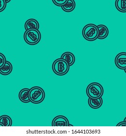 Blue line Cryptocurrency coin Bitcoin icon isolated seamless pattern on green background. Physical bit coin. Blockchain based secure crypto currency.  Vector Illustration