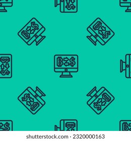 Blue line Cryptocurrency exchange icon isolated seamless pattern on green background. Bitcoin to dollar exchange icon. Cryptocurrency technology, mobile banking.  Vector