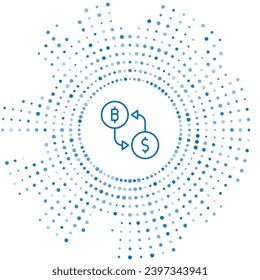 Blue line Cryptocurrency exchange icon isolated on white background. Bitcoin to dollar exchange icon. Cryptocurrency technology, mobile banking. Abstract circle random dots. Vector