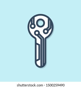 Blue line Cryptocurrency key icon isolated on blue background. Concept of cyber security or private key, digital key with technology interface.  Vector Illustration