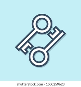Blue line Cryptocurrency key icon isolated on blue background. Concept of cyber security or private key, digital key with technology interface.  Vector Illustration