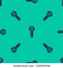 Blue line Cryptocurrency key icon isolated seamless pattern on green background. Concept of cyber security or private key, digital key with technology interface.  Vector Illustration