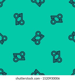 Blue line Cryptocurrency key icon isolated seamless pattern on green background. Concept of cyber security or private key, digital key with technology interface.  Vector Illustration