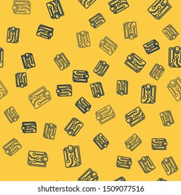 Blue line Cryptocurrency wallet icon isolated seamless pattern on yellow background. Wallet and bitcoin sign. Mining concept. Money, payment, cash, pay icon.  Vector Illustration