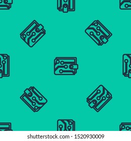 Blue line Cryptocurrency wallet icon isolated seamless pattern on green background. Wallet and bitcoin sign. Mining concept. Money, payment, cash, pay icon.  Vector Illustration