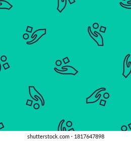 Línea azul Cubo levitando sobre el icono de la mano aislado patrón sin fisuras sobre el fondo verde. Símbolo de evitación.  Ilustración vectorial