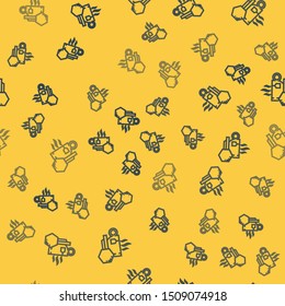 Blue line Cup of tea with honey icon isolated seamless pattern on yellow background. Sweet natural food.  Vector Illustration