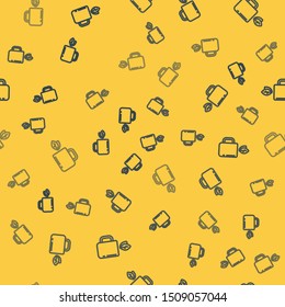 Blue line Cup of tea and leaf icon isolated seamless pattern on yellow background.  Vector Illustration