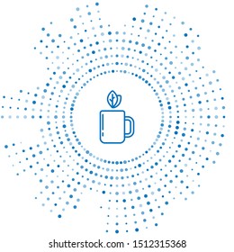 Blue line Cup of tea and leaf icon isolated on white background. Abstract circle random dots. Vector Illustration
