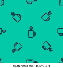 Blue line Cup of tea and leaf icon isolated seamless pattern on green background.  Vector Illustration