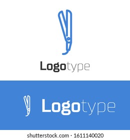 Blue line Curling iron for hair icon isolated on white background. Hair straightener icon. Logo design template element. Vector Illustration