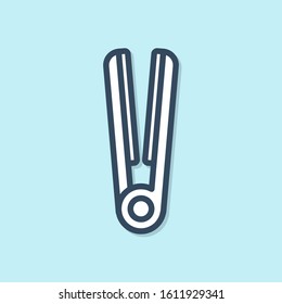 Blue line Curling iron for hair icon isolated on blue background. Hair straightener icon.  Vector Illustration