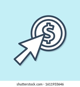 Blue line Cursor and coin icon isolated on blue background. Dollar or USD symbol. Cash Banking currency sign.  Vector Illustration
