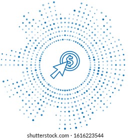 Blue line Cursor and coin icon isolated on white background. Dollar or USD symbol. Cash Banking currency sign. Abstract circle random dots. Vector Illustration