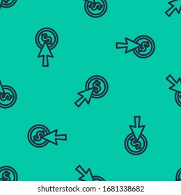 Blue line Cursor and coin icon isolated seamless pattern on green background. Dollar or USD symbol. Cash Banking currency sign.  Vector Illustration