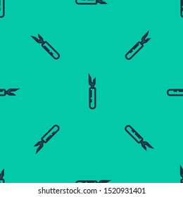 Blue line Cutter tool icon isolated seamless pattern on green background. Sewing knife with blade.  Vector Illustration