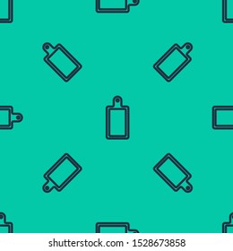 Blue line Cutting board icon isolated seamless pattern on green background. Chopping Board symbol.  Vector Illustration