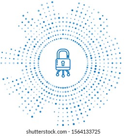 Blue Line Cyber Security Icon Isolated On White Background. Closed Padlock On Digital Circuit Board. Safety Concept. Digital Data Protection. Abstract Circle Random Dots. Vector Illustration