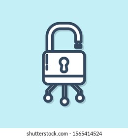 Blue line Cyber security icon isolated on blue background. Closed padlock on digital circuit board. Safety concept. Digital data protection.  Vector Illustration
