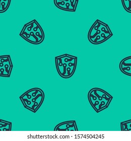 Blue line Cyber security icon isolated seamless pattern on green background. Shield sign. Safety concept. Digital data protection.  Vector Illustration