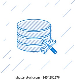 Blue line Database server with screwdriver and wrench icon isolated on white background. Adjusting, service, setting, maintenance, repair, fixing.  Vector Illustration