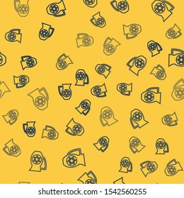 Blue line Decanter with star of david icon isolated seamless pattern on yellow background. Pottery jug. Organic product in carafe.  Vector Illustration