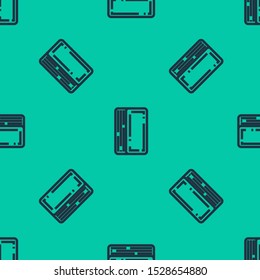 Blue line Deck of playing cards icon isolated seamless pattern on green background. Casino gambling.  Vector Illustration