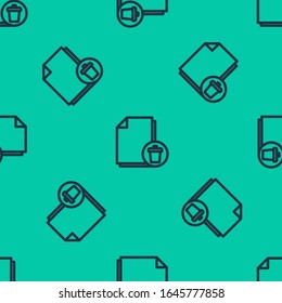 Blue line Delete file document icon isolated seamless pattern on green background. Paper sheet with recycle bin sign. Rejected document. Cross on paper.  Vector Illustration