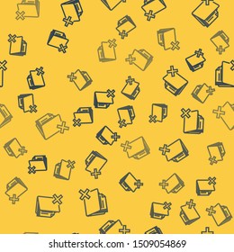 Blue line Delete folder icon isolated seamless pattern on yellow background. Folder with recycle bin. Delete or error folder. Close computer information folder.  Vector Illustration