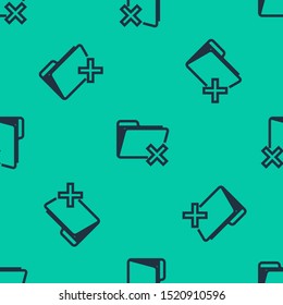 Blue line Delete folder icon isolated seamless pattern on green background. Folder with recycle bin. Delete or error folder. Close computer information folder.  Vector Illustration