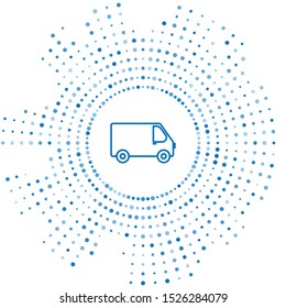 Blue line Delivery cargo truck vehicle icon isolated on white background. Abstract circle random dots. Vector Illustration