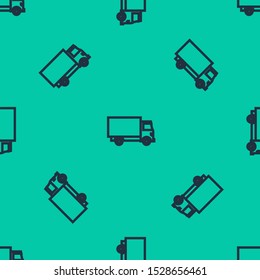 Blue line Delivery cargo truck vehicle icon isolated seamless pattern on green background.  Vector Illustration