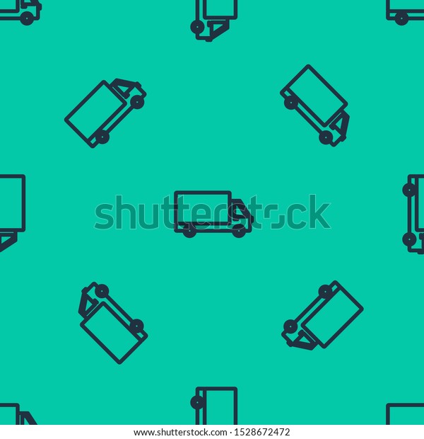 Blue line Delivery\
cargo truck vehicle icon isolated seamless pattern on green\
background.  Vector\
Illustration