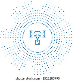 Blue line Delivery drone with the package icon isolated on white background. Drone delivering cardboard box. Abstract circle random dots. Vector Illustration
