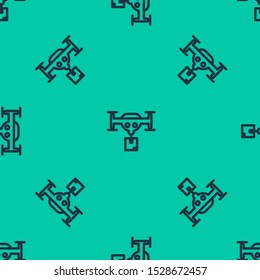 Blue line Delivery drone with the package icon isolated seamless pattern on green background. Drone delivering cardboard box.  Vector Illustration