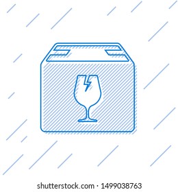 Blue line Delivery package box with fragile content symbol of broken glass icon isolated on white background. Box, package, parcel sign.  Vector Illustration